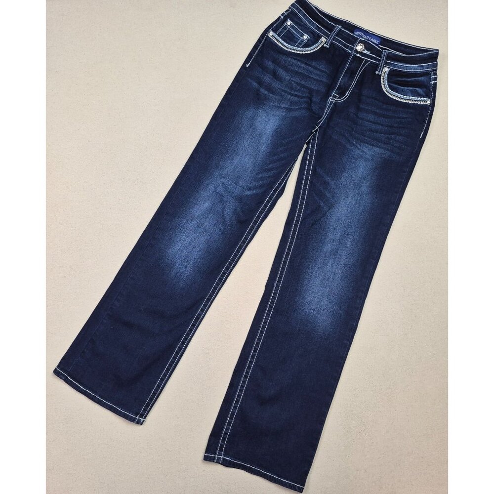 Westfield Eagle Womens Blue Jeans Embellished Straight Boho Dark Wash Sz 9 29/32 - Picture 1 of 8